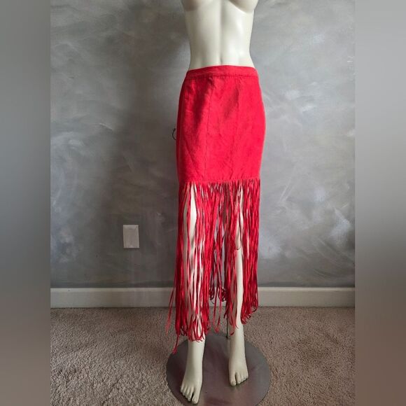 H&M Dresses & Skirts - Red Faux Suede Long Fringe Maxi skirt H&M x Coachella Collection Sz 12